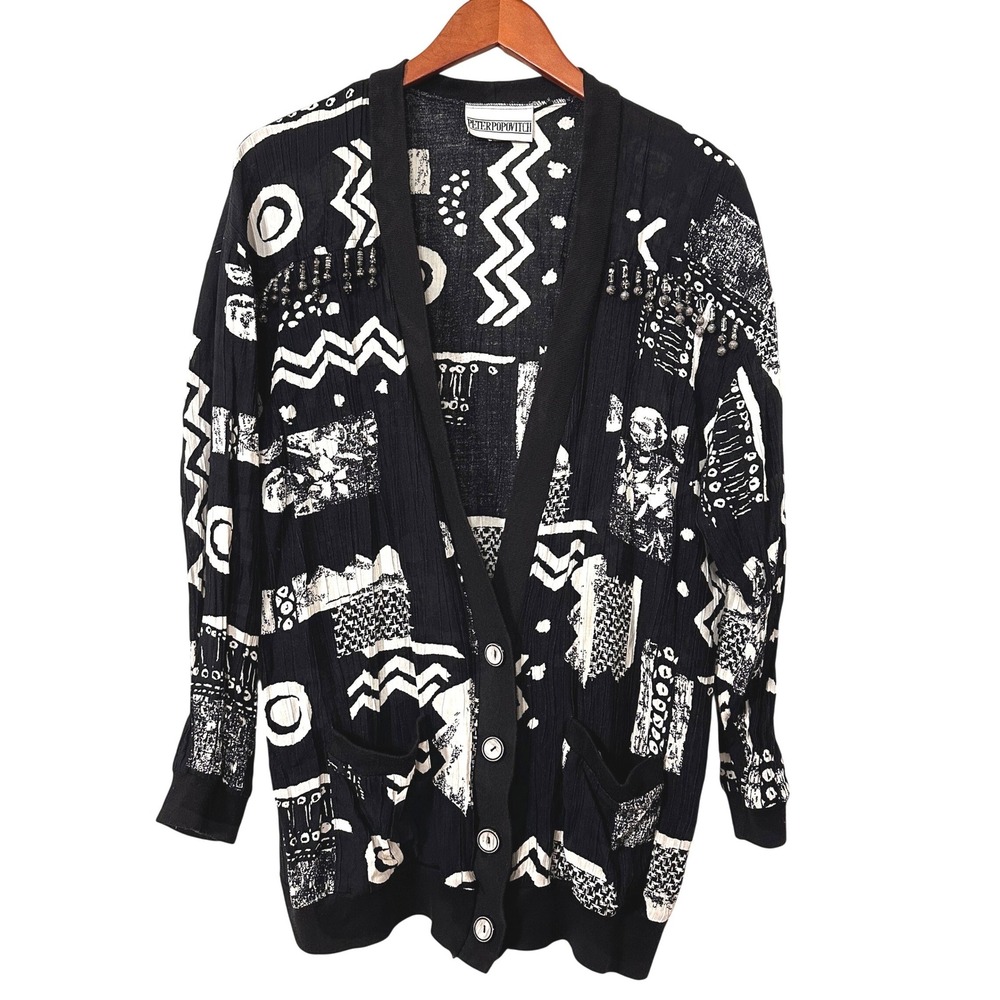 VTG 80s 90s Peter Popovitch Cardigan Beaded Fringe Geometric Art To Wear L XL